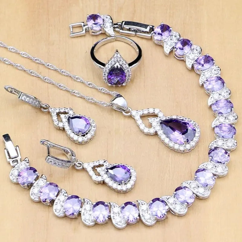 925 Silver Jewelry Sets Blue Sapphire White Topaz Open Rings Earrings Pendant Necklace Bracelet For Bridal  Women