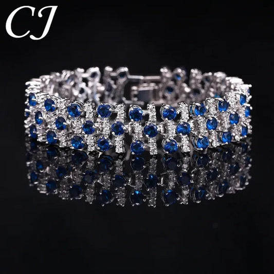 CANDICE Blue Crystal Elegant Bridal Wristband Bracelet White CZ Wedding Bangle Jewelry