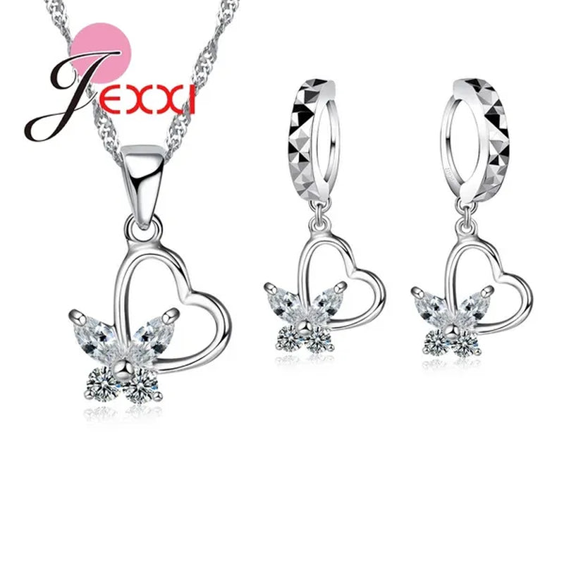 925 Sterling Silver Jewelry Set CZ Diamond Love Heart With Pretty Butterfly Pendant Necklace & Earring Wedding Party Decoration