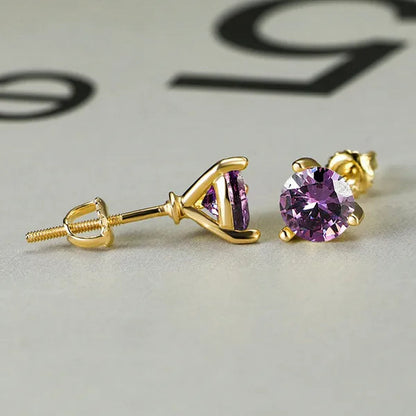 Chic 18K Gold Three-Prong Martini round Amethyst Stud Earrings Bride Wedding Engagement Jewelry Gifts 6Mm/7Mm/8Mm
