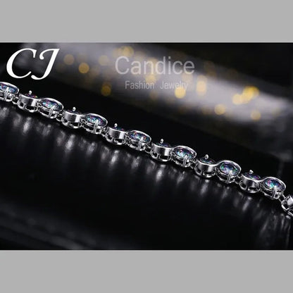 CANDICE Amazing S Shaped with round Genuine Mystic Rainbow Crystal Stone Women Bracelet Solid Sterling Silver Plated