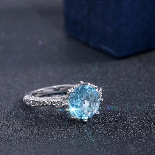 Fashion 2.0ct Round Cut Aquamarine Gemstone Ring Exquisite Silver Carver Flower Diamond Ring Couple Wedding Jewelry