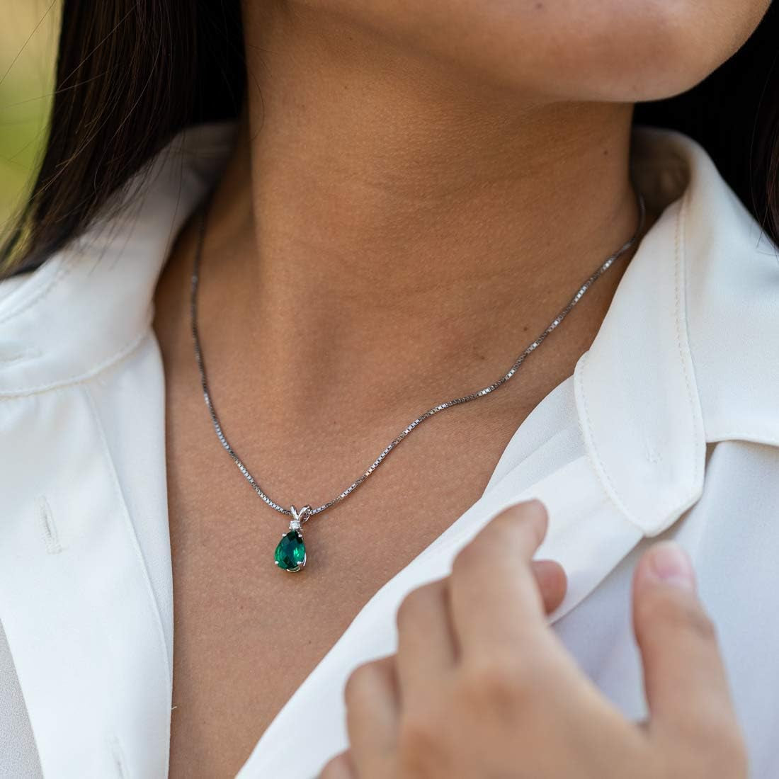 Created Emerald with Genuine Diamond Pendant for Women 14K White Gold, Elegant Teardrop Solitaire, Pear Shape, 10X7Mm, 1.75 Carats Total