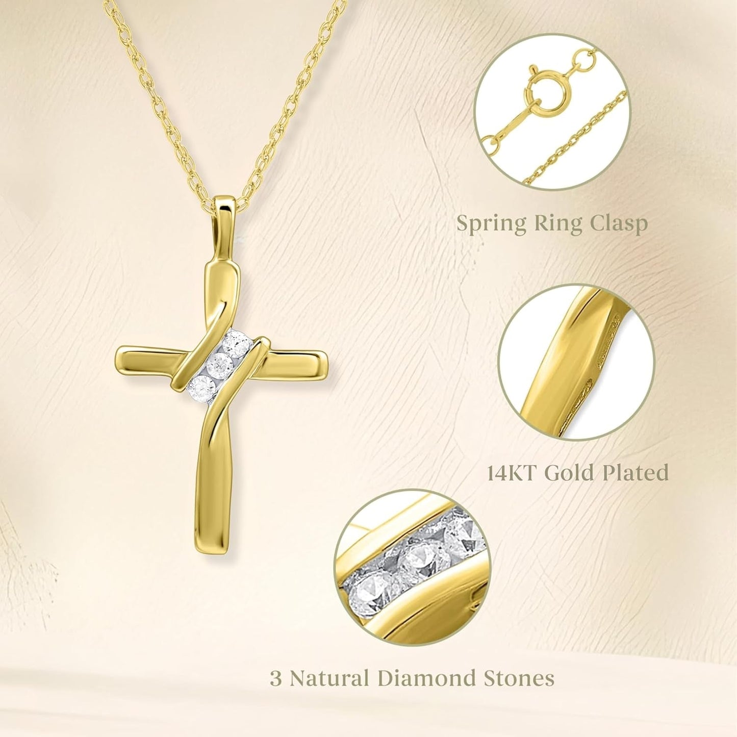 Small 14KT Yellow Gold Plated & Sterling Silver Natural Round-Cut Diamond Accent 3 Stone Cross Pendant with an 18 Inch Chain