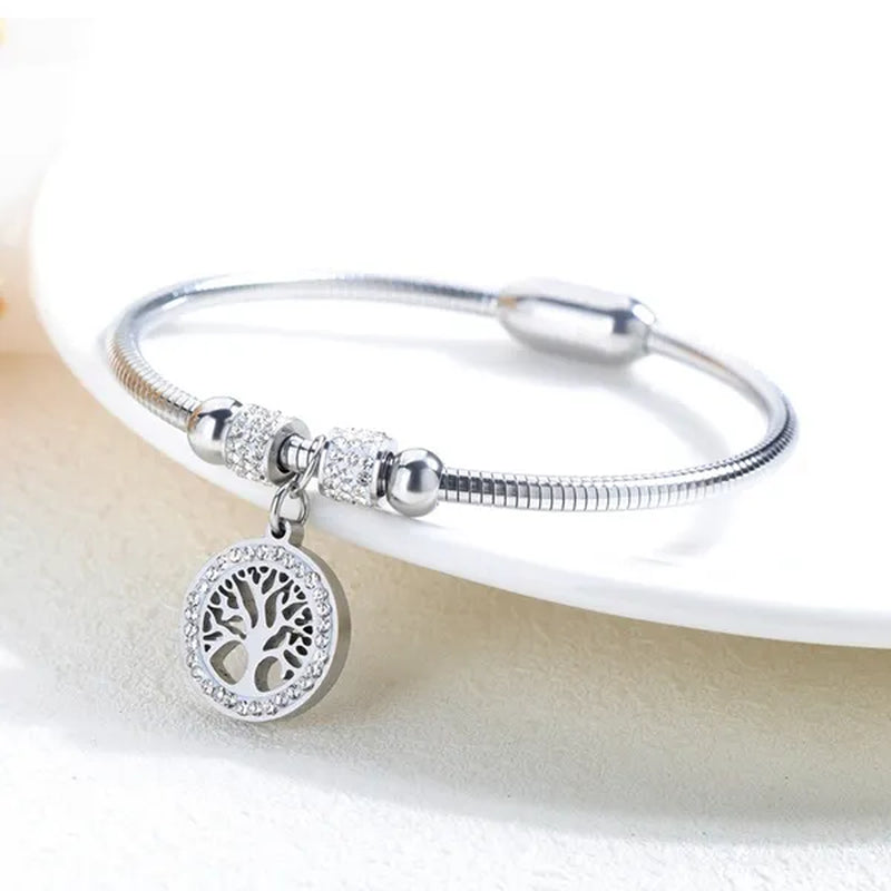 Gold Plated Tree of Life Bangle Bracelet Women Stainless Steel Family Tree Charm Bracelets with AAA Rhinestones & Magnetic Buckle
