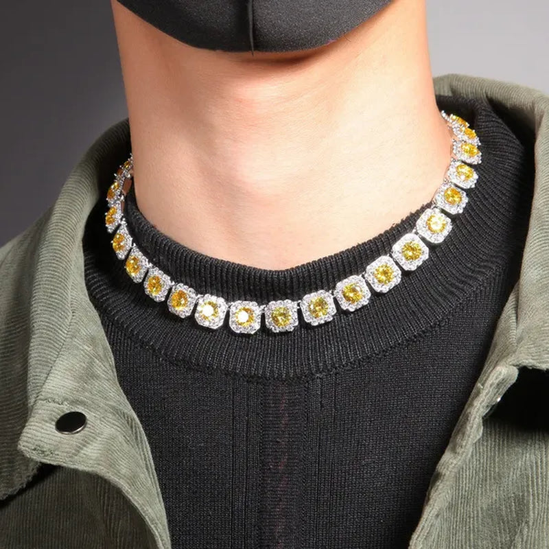 Hip-Hop Copper Inlaid Zircon Crystal Sugar Necklace Hipster Personality Pink Yellow Diamond Necklace for Men and Women with the Same Paragraph