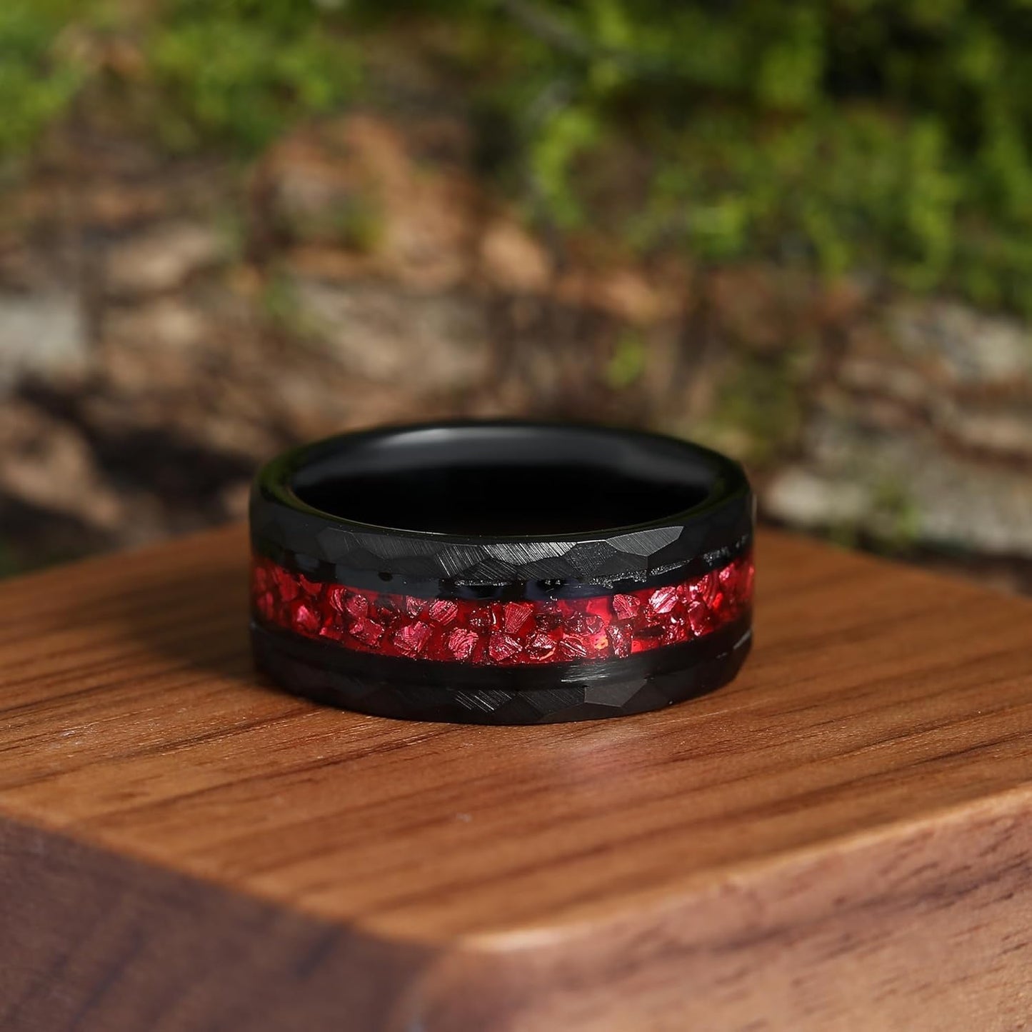 8Mm Black Gold or Rose Gold Plated Tungsten Rings for Men - Eternity Pink/Green/Red Birthstone Mens Tungsten Wedding Bands with Gold Foil Leaf - Unique Gothic Daily Wear Promise Rings for Him