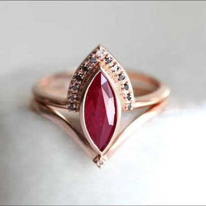 Unique Natural Rhombus 2 in 1 Ruby Engagement Ring Marquise Bridal Wedding Ring with Black Diamonds Women Ruby Ring Diamond Fine Jewelry Set （Size 5-11）