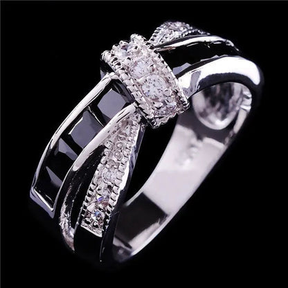 2016 Size 6-10 Black Sapphire Corssed CZ Wedding Rings Women'S White Gold Filled Band