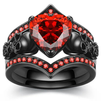 Gothic Black Rose Flower Skull Engagement Rings Set Red Purple Heart-shaped Zircon Crystal Wedding Anniversary Holiday Gift Jewelry