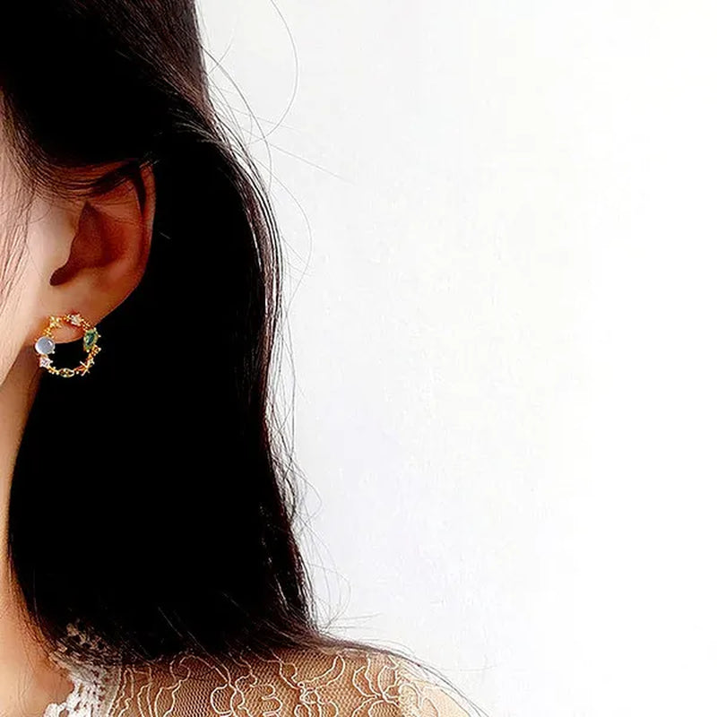 European Style 18K Small Circle Earrings 925 Silver Needle Wreath Simple Colored Diamond Earrings Small Earrings
