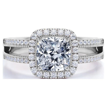 .63 Ct Cushion Cut Real Diamond - Vintage Style - Engagement Ring - Split Shank - Halo Ring - 10K White Gold