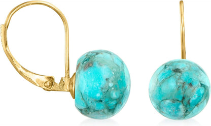 Button Turquoise Drop Earrings in 14Kt Yellow Gold