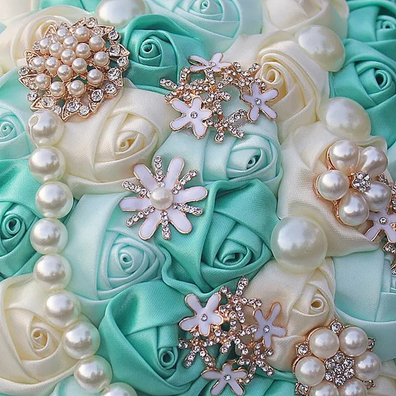 Customizable Mixed Color Silk Rose Wedding Bouquet Fine Pearl Diamond Brooch Bride Holding Flowers Artificial Wedding Flower Bridesmaid Bouquet 4Size