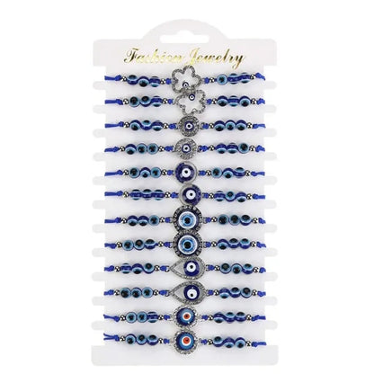 12 Pcs/Set Bohemian Handmade Braided Rope Charm Bracelets Rhinestone Blue round Beads Evil Eye Bracelet for Women Men Friendship Jewelry Gifts