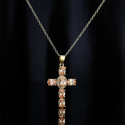 Fashion Jewelry Luxurious Temperament Gold-Plated Sapphire Emerald Ruby Topaz Amethyst Cross Pendant Necklace