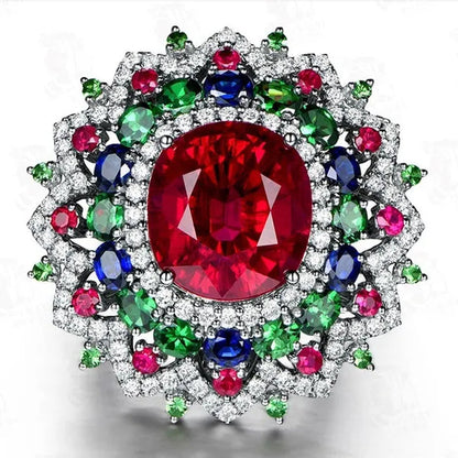 Luxury Silver Ruby & Emerald & Sapphire & White Sapphire Natural Stone Birthstone Gemstones Engagement Eyes Brand Flower Rings Wedding Anniversary Bride Women Ring Size 678910
