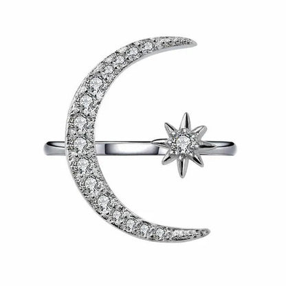 Gorgeous Women 925 Sterling Silver Rose Gold Natural Gemstones White Sapphire Diamond Stars Moon Adjustable Open Ring Romantic Wedding Bride Engagement Anniversary Rings Jewelry