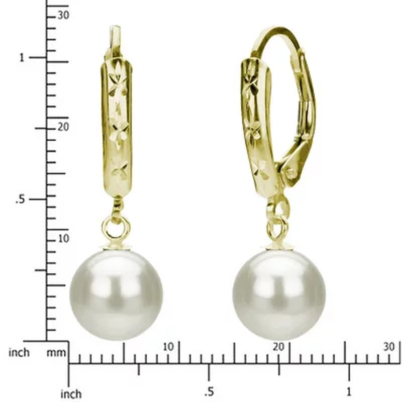 7-8Mm Freshwater Pearl Diamond Cut Leveback Earrings in 14K Yellow Gold
