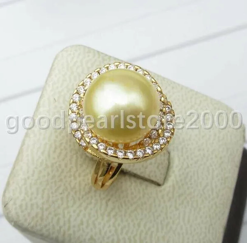 Charming 12-13mm South Sea Genuine Yellow Pearl Ring Size Adjustable