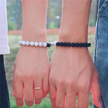 Black Frosted White Turquoise Couple Bracelet Magnet Attraction Beaded Bracelet Set A Pair of Bracelets Fashion Beaded Men's and Women's Bracelets