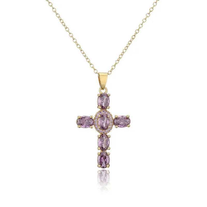 Fashion Jewelry Luxurious Temperament Gold-Plated Sapphire Emerald Ruby Topaz Amethyst Cross Pendant Necklace