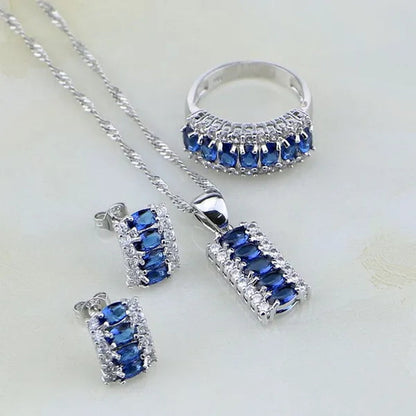 Blue Sapphire White Topaz 925 Silver Jewelry Sets for Women Earrings Pendant Necklace Rings Bracelets 4PCS