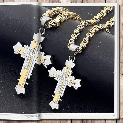 Stainless Steel Jesus Christ Cross Pendant Necklace for Men, 20 to 28 in Rolo/Byzantine Chain, 2 Sizes of Religious Jewelry with Silver/Gold/Black