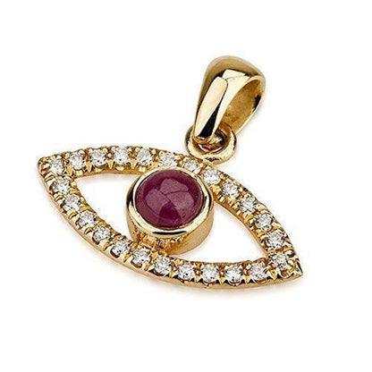 Jewelry, Jewish Jewelry Pendant, Ruby Evil Eye Diamond Necklace Pendant, 18K Yellow Gold, Elegantly Gift Packaged, Size 0.31 X 0.67 Inch