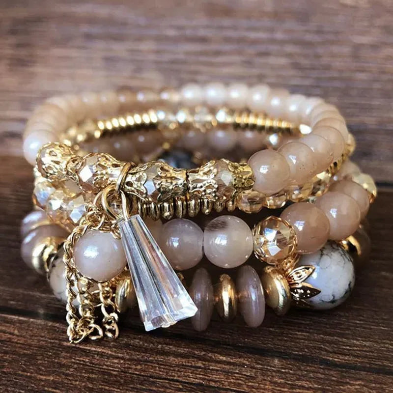 Women'S Bohemian Creative Beaded Crystal Bracelet 4 Pack Multi-Layer Beaded Fashion Bracelet