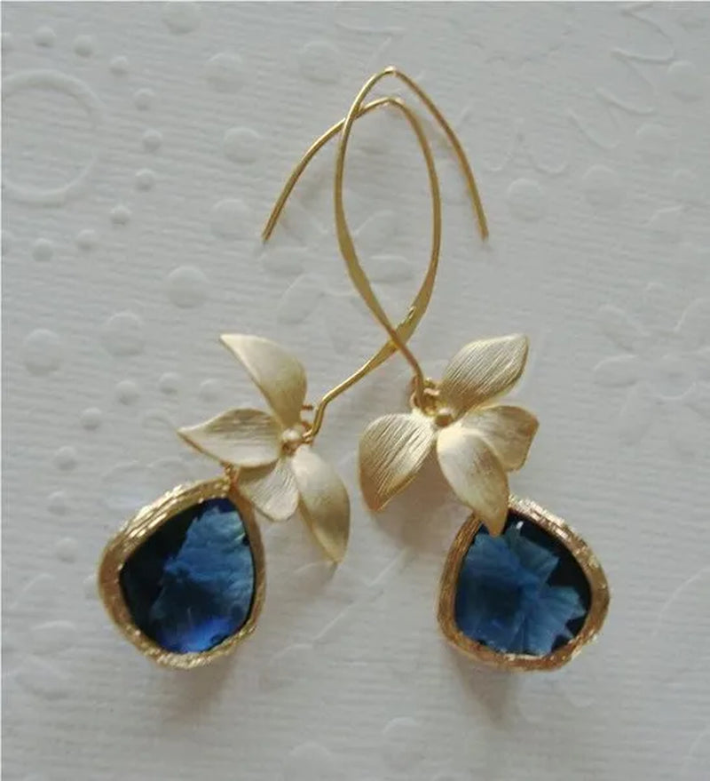 Fashion 18 K Yellow Gold Natural Flower Blue Sapphire Women's Earring Earrings Women's Earrings Engagement Wedding Anniversary Gift