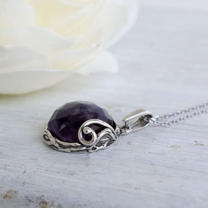 925 Sterling Silver Purple Amethyst Large Pendant; Natural February Birthstone round Pendant; Unique Jewelry for Women ; Handmade Vintage Style Amethyst Necklace for Classy Women