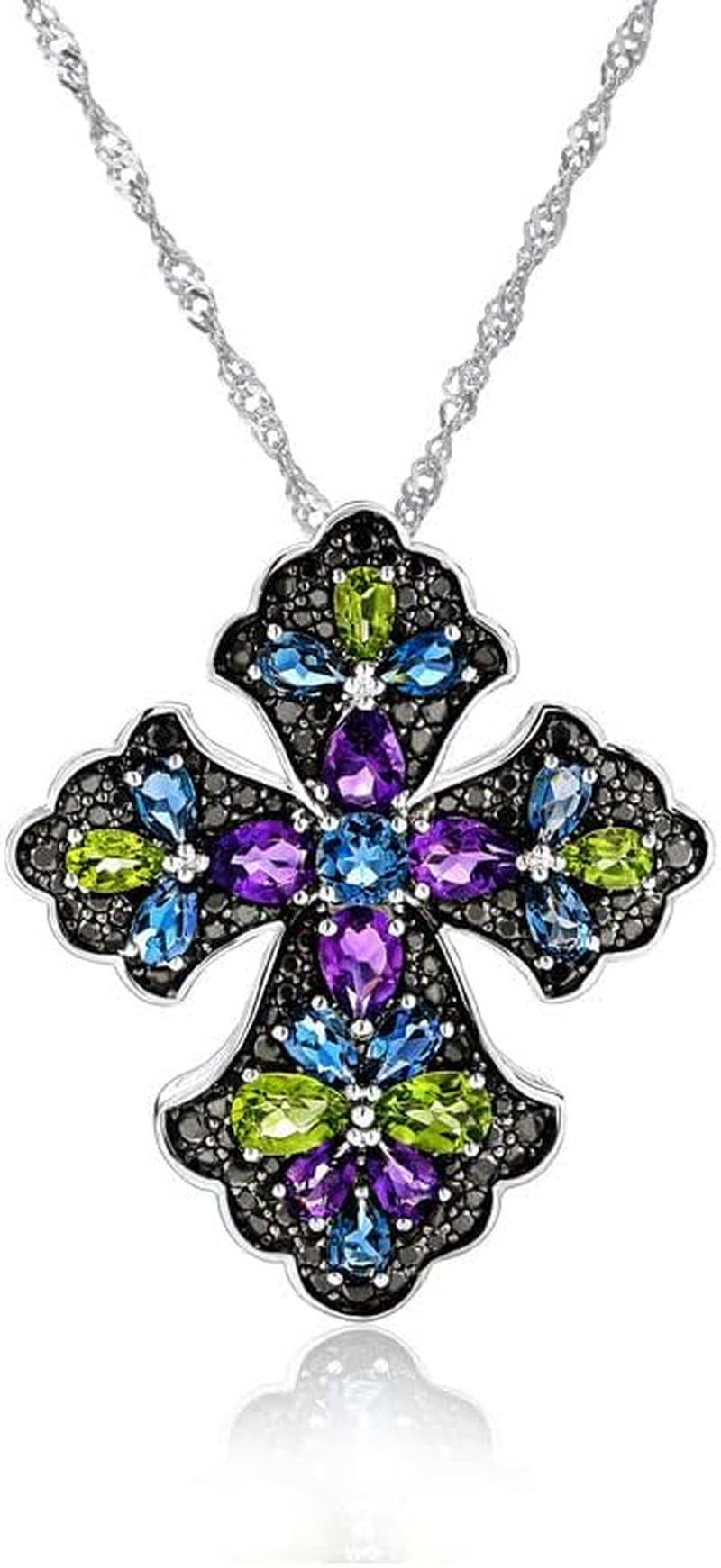 Cross Pendant Necklace for Women 925 Sterling Silver Natural Gemstone London Blue Topaz Peridot Amethyst Cross Jewelry