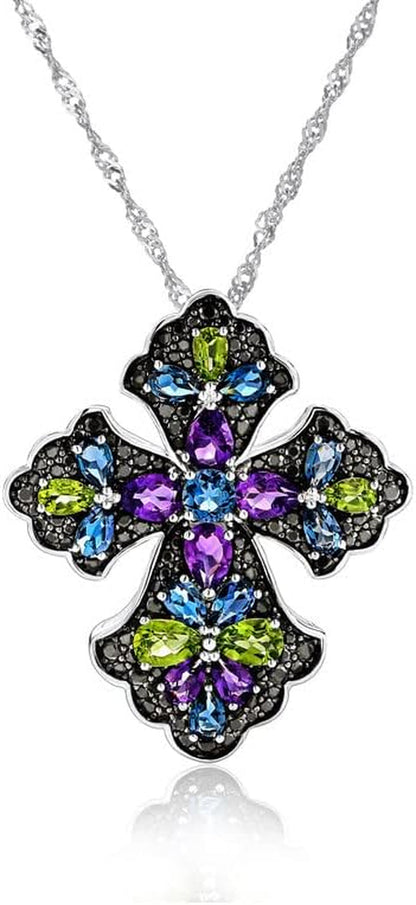 Cross Pendant Necklace for Women 925 Sterling Silver Natural Gemstone London Blue Topaz Peridot Amethyst Cross Jewelry