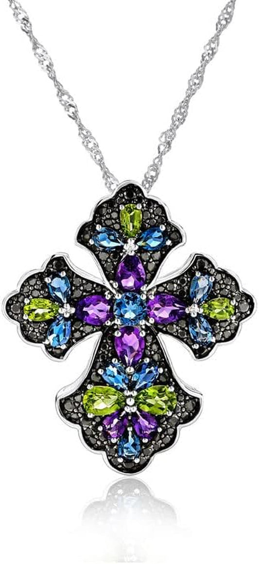 Cross Pendant Necklace for Women 925 Sterling Silver Natural Gemstone London Blue Topaz Peridot Amethyst Cross Jewelry