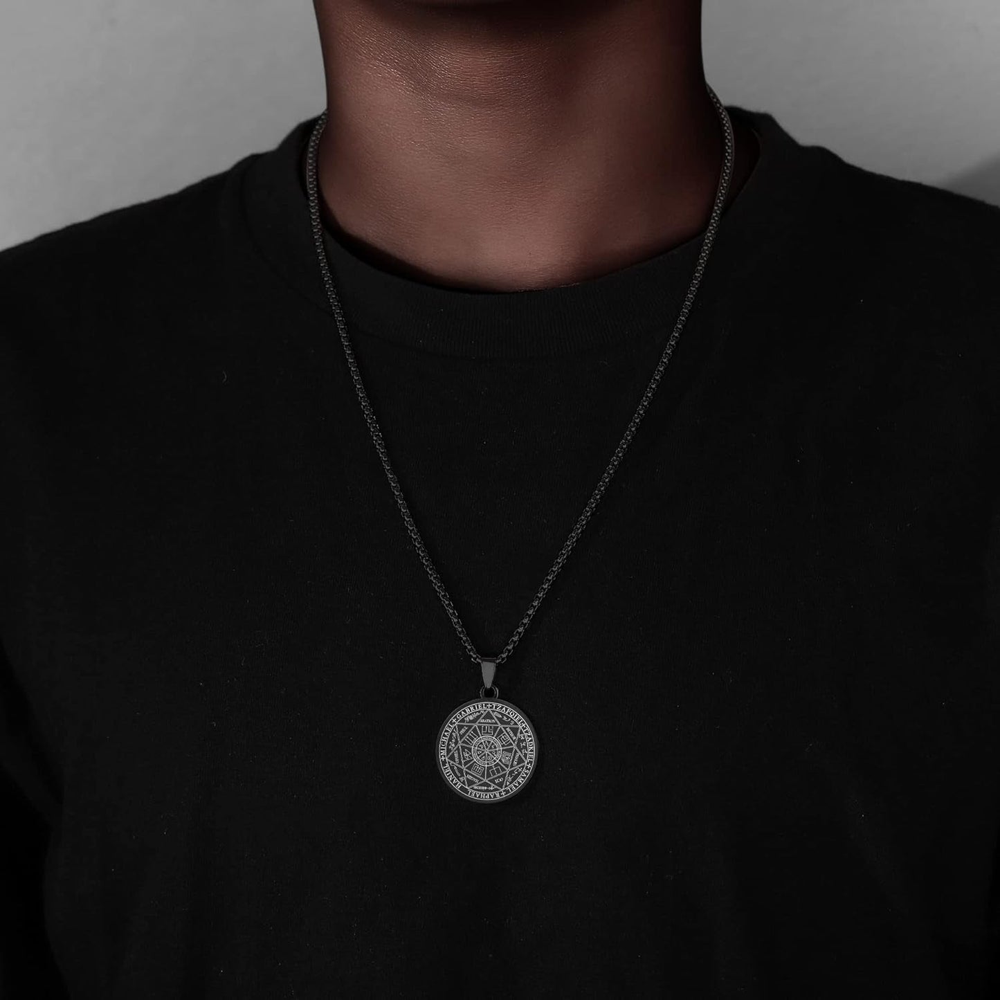 Seven Archangels Pendant Necklace for Men Women Protection Amulet Archangel Michael Coin Pendant Necklace Gabriel Uriel Spiritual Stainless Steel Medal Necklace 24 Inches