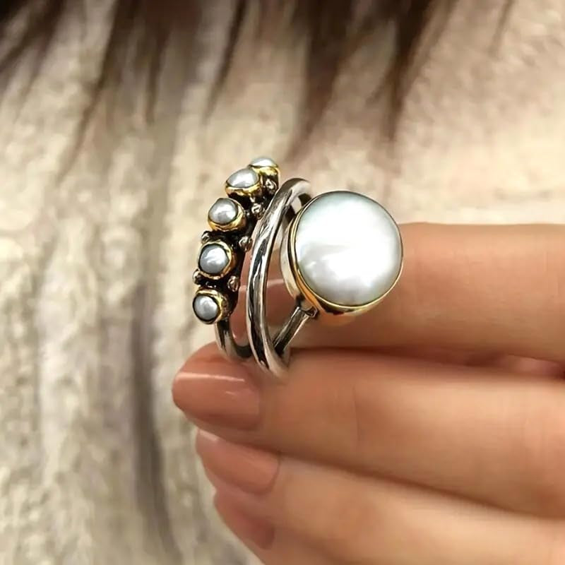 Unique Vintage 10 Mm Simulated Pearl Ring for Women Fake 3-Piece Ring Set 3 Layer Interlocked Ring Entwined Line with Stacking Rings Wedding Band Statement Cocktail Index Finger Rings 10#