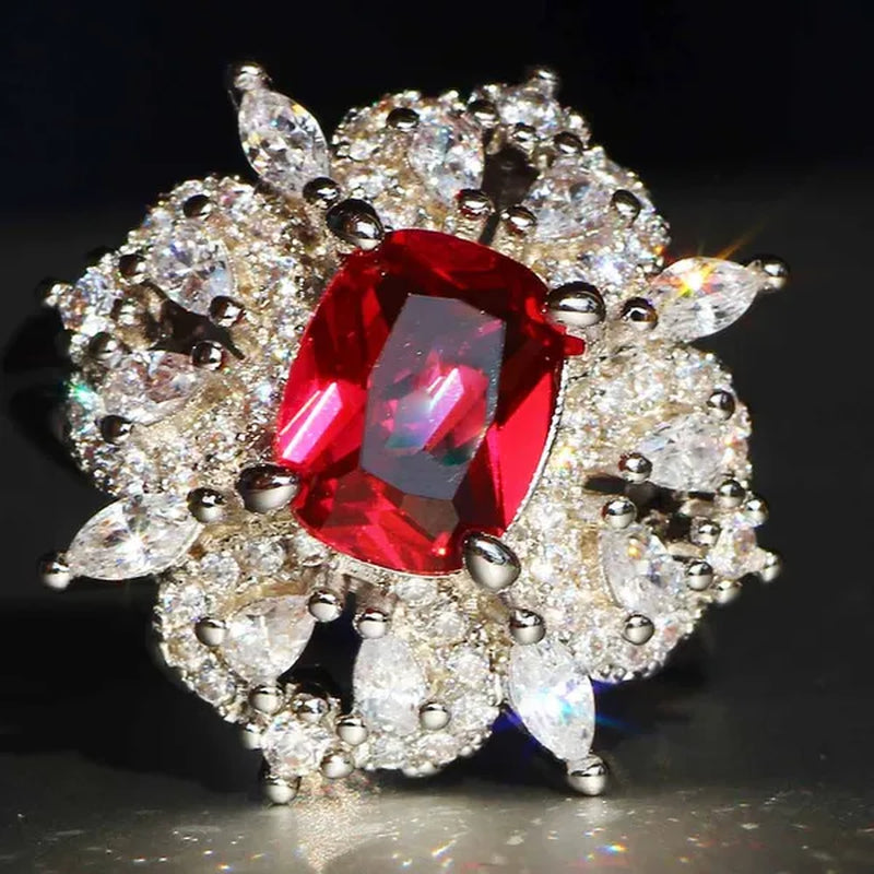 Gorgeous  Silver Natural Gemstones White Sapphire & Ruby Ring Wedding Birthstone Bride Engagement Multilevel Square Ring Jewelry Size 6 7 8 9 10