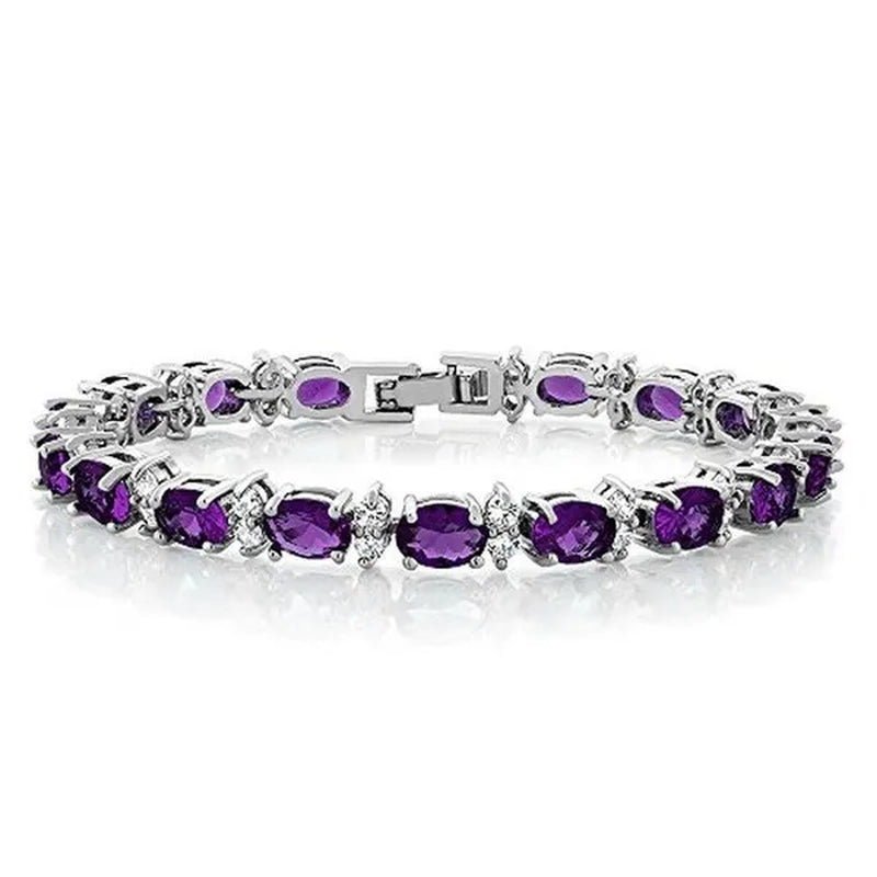 925 Sterling Silver Gorgeous Oval Ruby Amethyst Aquamarine Sapphire and round Sparkling Cubic Zirconia CZ Tennis Bracelet Jewelry Gift