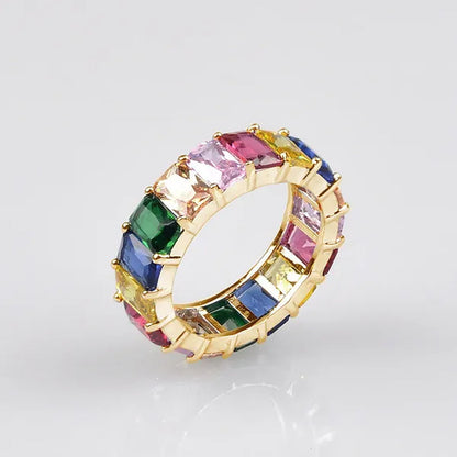 Silver Ring Colored Square Rainbow Ring Statement Crown Ring Natural Gemstones Ring Wedding Bride Engagement Band Charm Party Ring Jewelry