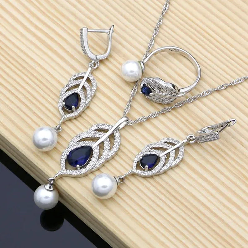 Freshwater Pearls Silver 925 Bridal Jewelry Sets Blue sapphire Beads Women Wedding Earrings/Pendant/Necklace/Ring/Bracelet
