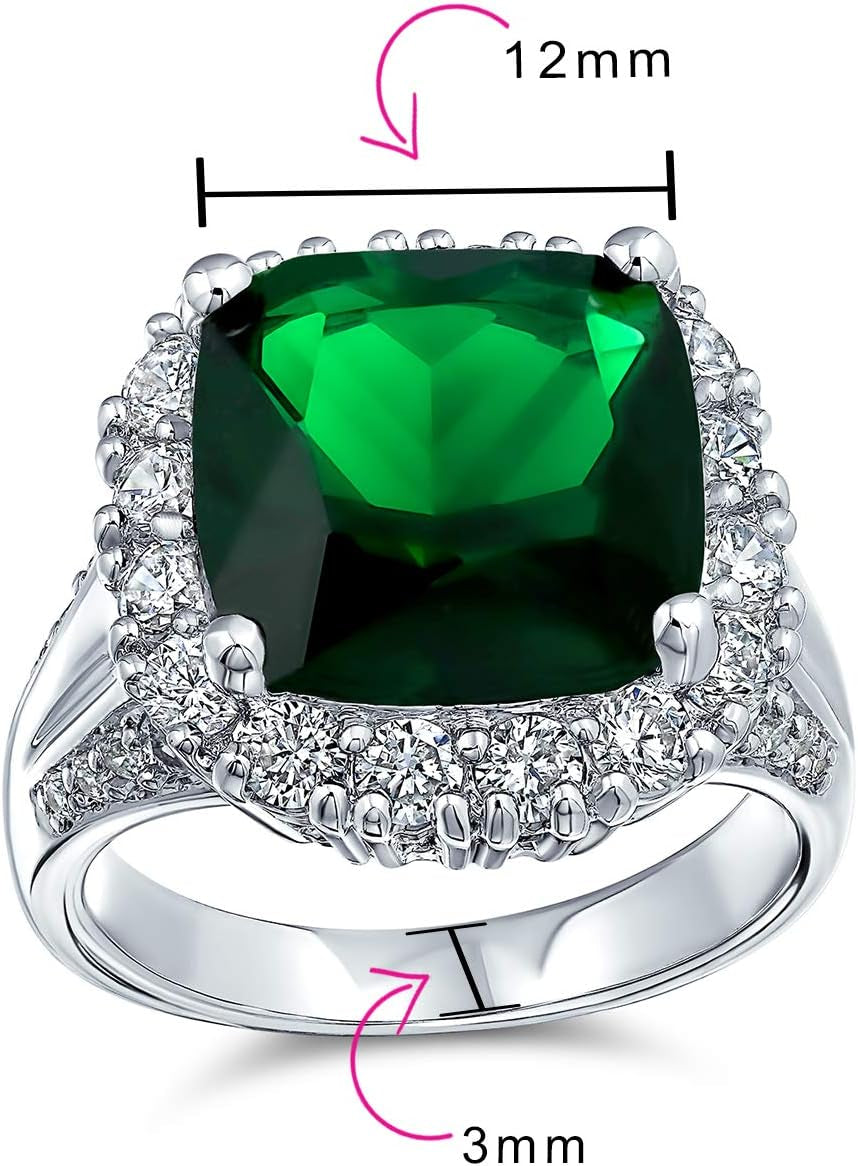 Big Solitaire AAA Cubic Zirconia Pave CZ 5-7CTW Cushion Emerald Cut Simulated Ruby Red Green Vintage Art Deco Style Halo Cocktail Statement Ring for Women Silver Plated Customizable