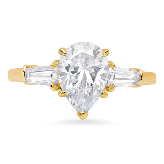 2.3 Ct Pear Cut Clear Simulated Diamond 14K Yellow Gold Anniversary Engagement 3 Stone Ring Size 5