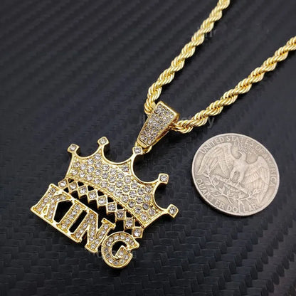 Hip Hop Iced Lab Diamond CROWNED KING Pendant & 4Mm 24" Rope Chain Necklace