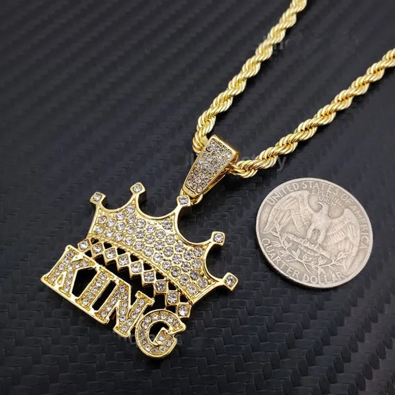 Hip Hop Iced  Lab Diamond CROWNED KING Pendant & 4mm 24" Rope Chain Necklace