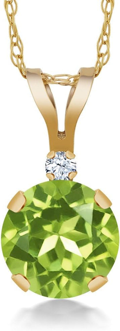 14K Yellow Gold Green Peridot and White Created Sapphire Pendant Necklace for Women (0.87 Cttw, Gemstone Birthstone, round 6MM)