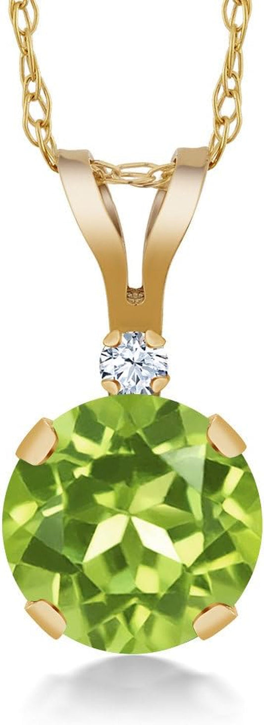 14K Yellow Gold Green Peridot and White Created Sapphire Pendant Necklace for Women (0.87 Cttw, Gemstone Birthstone, round 6MM)