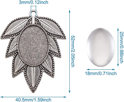 Pandhall 6 Set Leaf Tibetan Antique Silver Alloy Pendant Cabochon Bezel Settings with Clear Glass Cabochons, Trays: 18X25Mm