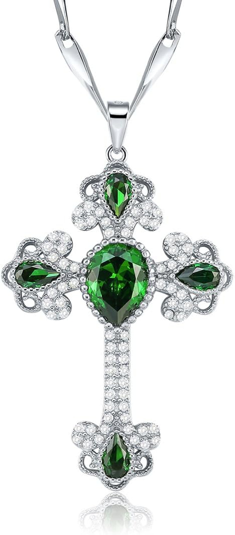 925 Sterling Silver Created Emerald Cross Pendant Necklace for Women Religious Jewelry Rhinestone Holy Irish Charm CZ Halo Christian Faith Keepsake