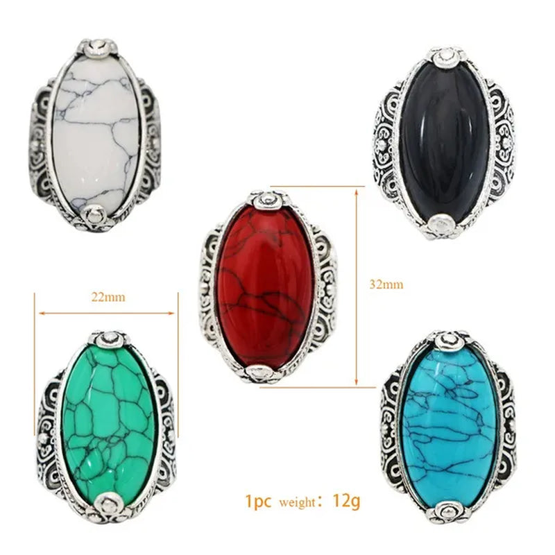 Wholesaler Lot 5Pcs Bohemian Wave Sapphire Ring Retro Turquoise White Black Red Green Blue Ring Women Jewelry